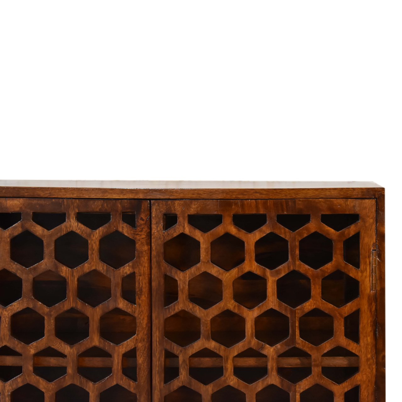 Solid Mango Wood Chestnut Finished 2 Door Honeycomb Front Cabinet - Image 4