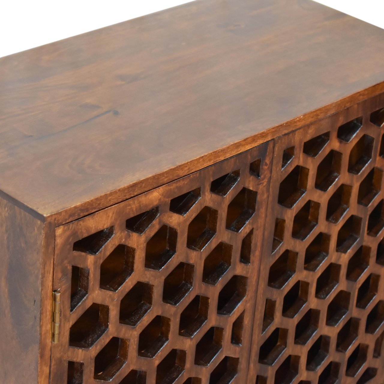 Solid Mango Wood Chestnut Finished 2 Door Honeycomb Front Cabinet - Image 5