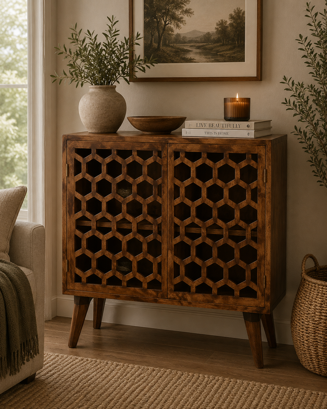 Solid Mango Wood Chestnut Finished 2 Door Honeycomb Front Cabinet