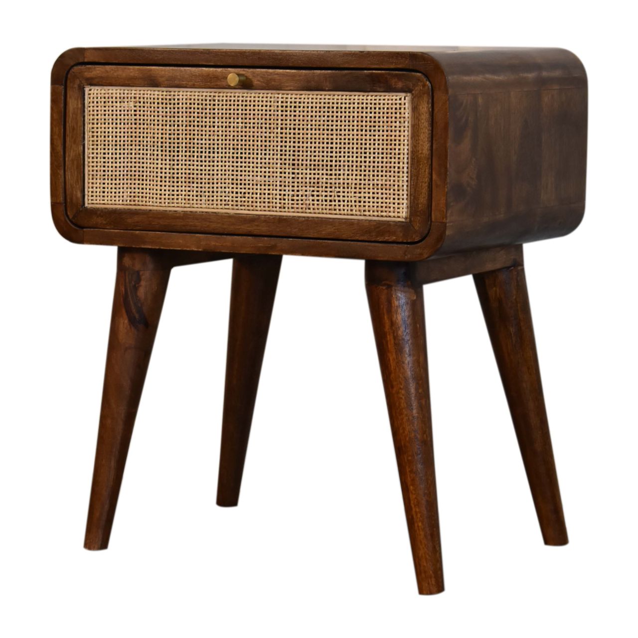 Solid Mango Wood Chestnut Finished Rattan Front 1 Drawer Bedside - Image 3