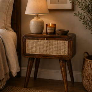 Solid Mango Wood Chestnut Finished Rattan Front 1 Drawer Bedside