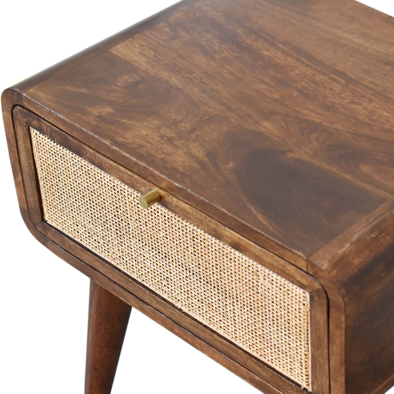 Solid Mango Wood Chestnut Finished Rattan Front 1 Drawer Bedside - Image 5