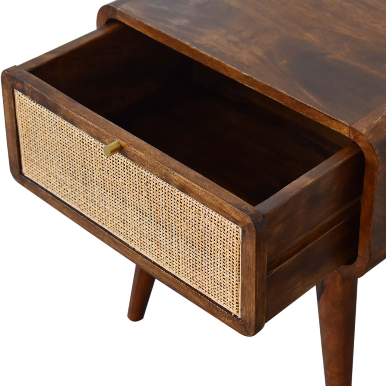 Solid Mango Wood Chestnut Finished Rattan Front 1 Drawer Bedside - Image 6