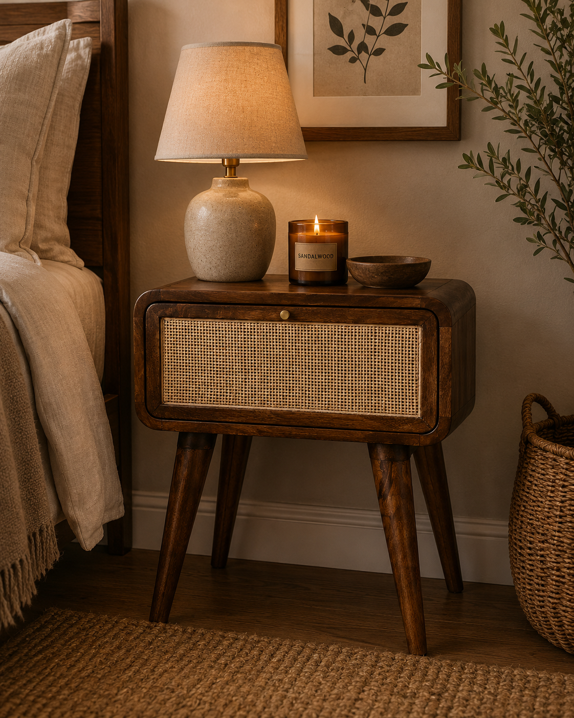 Solid Mango Wood Chestnut Finished Rattan Front 1 Drawer Bedside