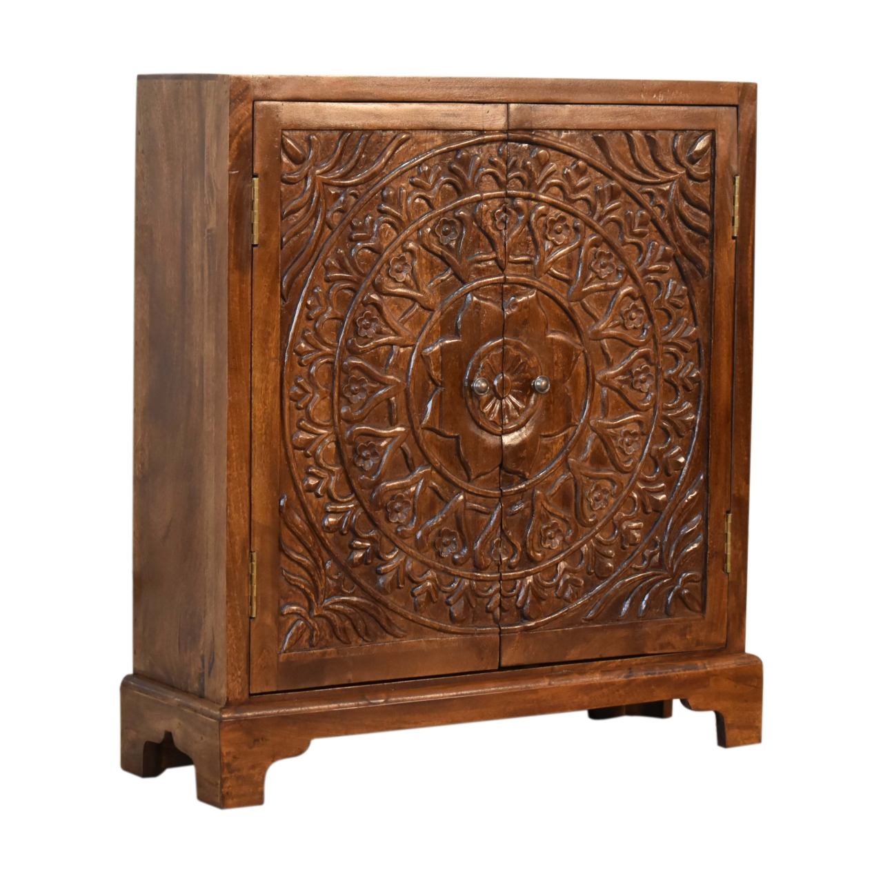 Solid Mango Wood Chestnut Finished Intricately Carved Tova 2 Door Cabinet - Image 2