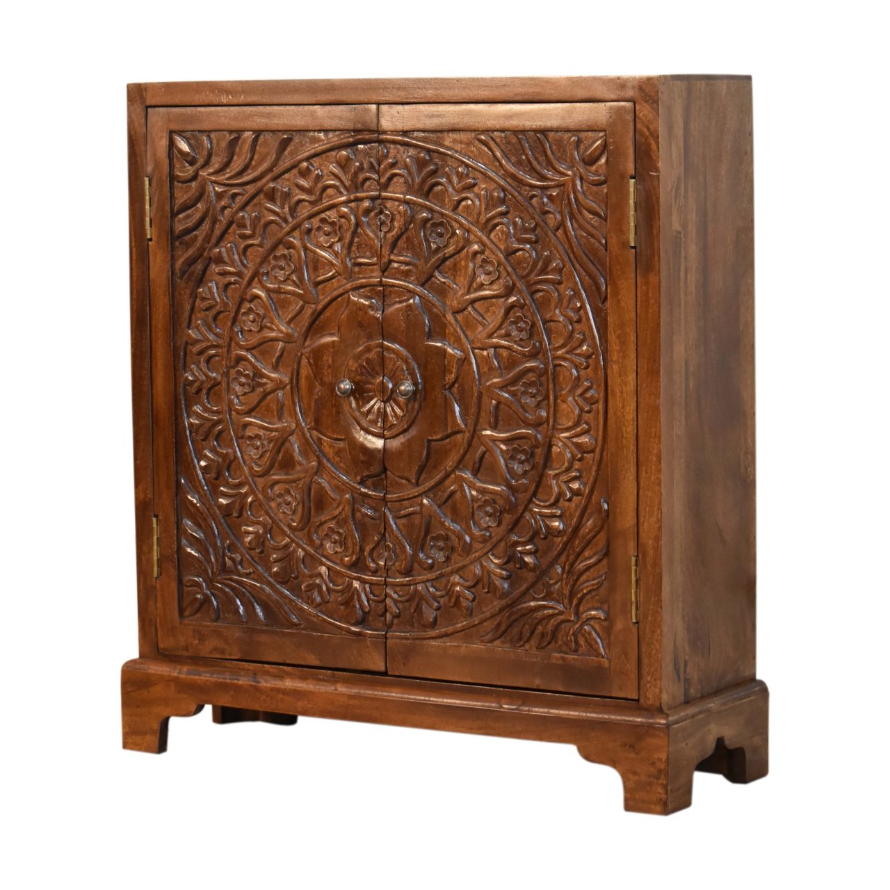 Solid Mango Wood Chestnut Finished Intricately Carved Tova 2 Door Cabinet - Image 3