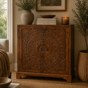 Solid Mango Wood Chestnut Finished Intricately Carved Tova 2 Door Cabinet