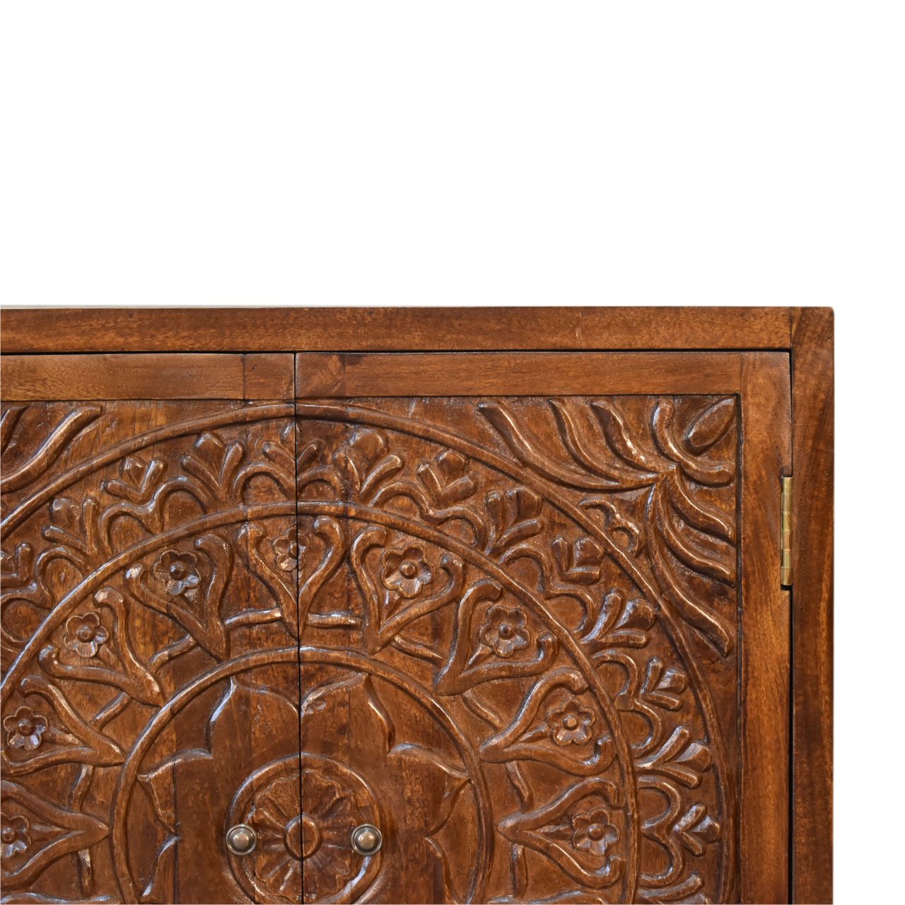 Solid Mango Wood Chestnut Finished Intricately Carved Tova 2 Door Cabinet - Image 4