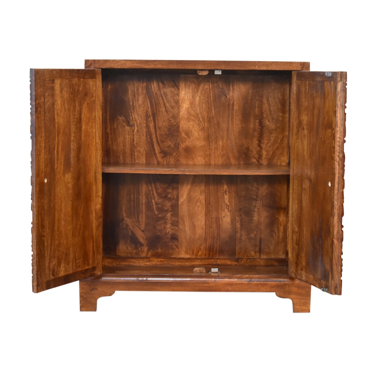 Solid Mango Wood Chestnut Finished Intricately Carved Tova 2 Door Cabinet - Image 6