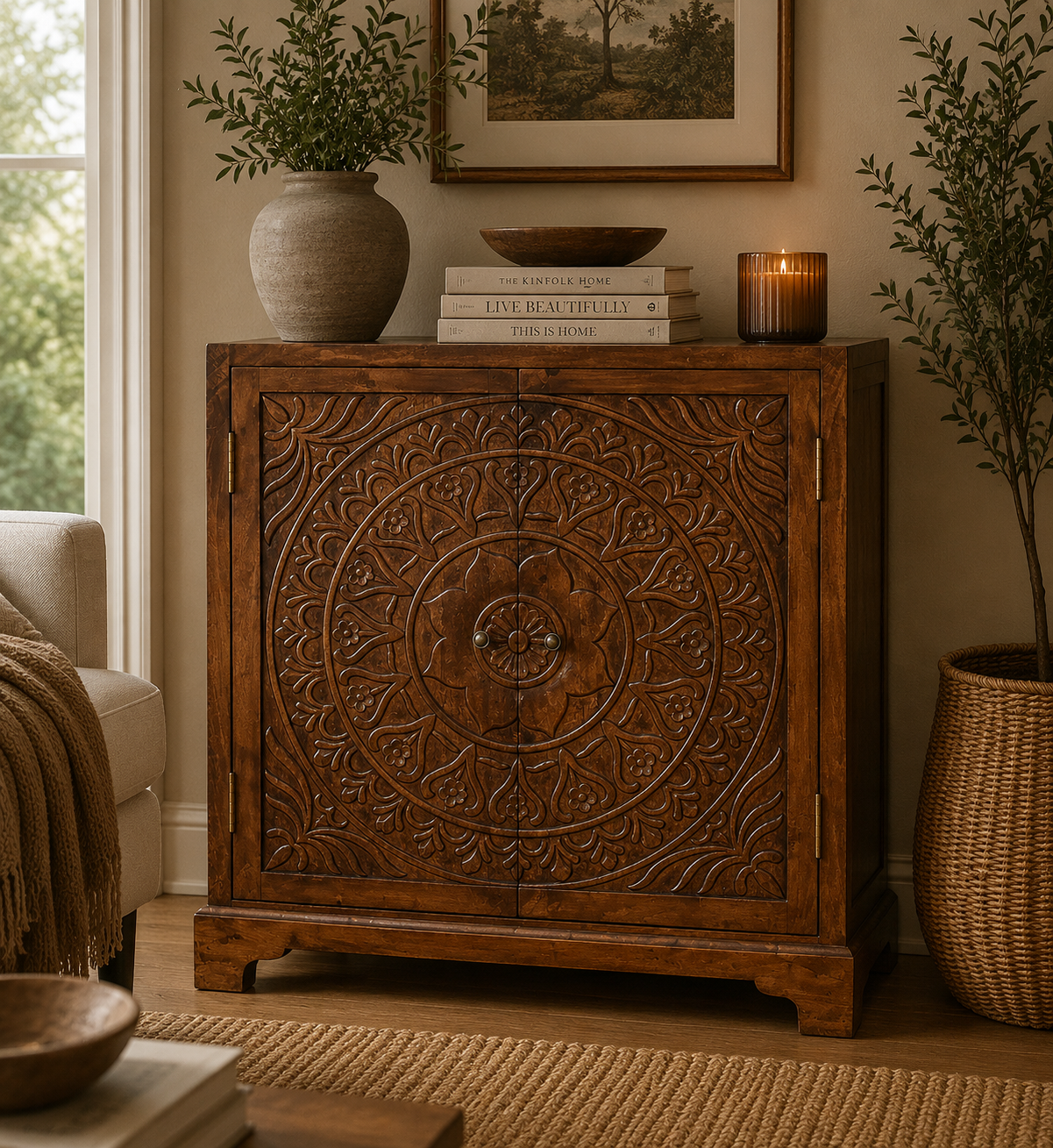 Solid Mango Wood Chestnut Finished Intricately Carved Tova 2 Door Cabinet