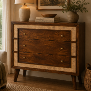 Solid Mango Wood Chestnut Finished 3 Drawer Rattan Woven Square Chest