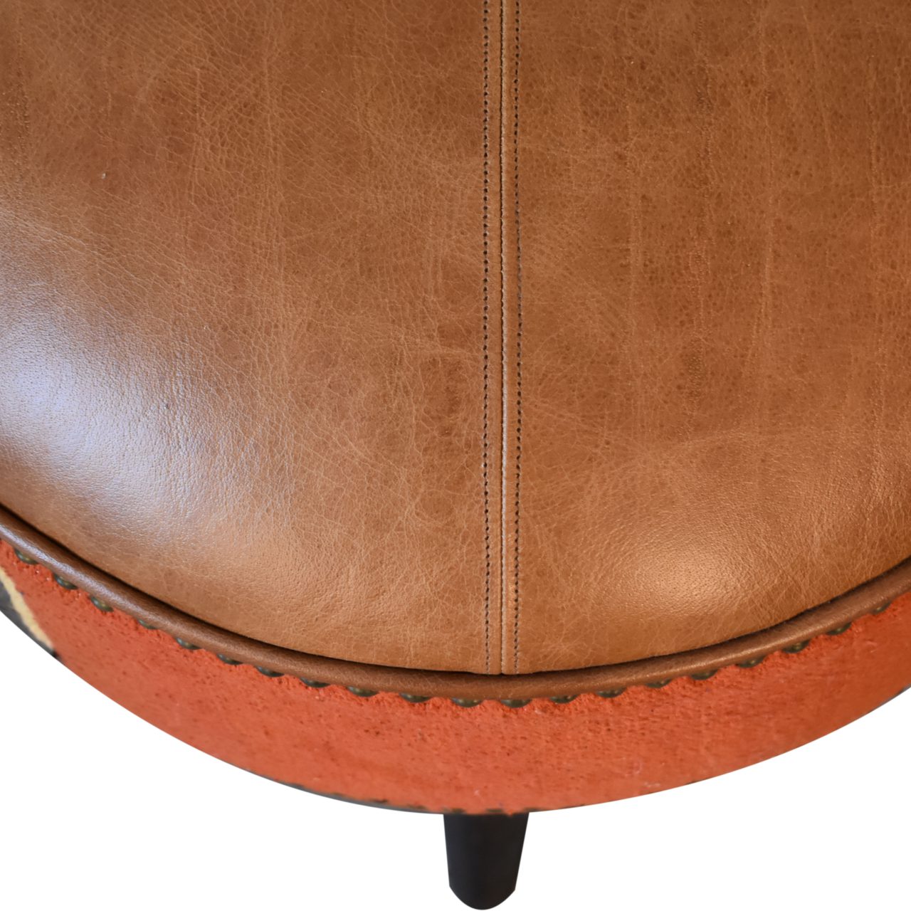 Solid Mango Wood California Walnut Durrie and Leather Mixed Footstool - Image 2