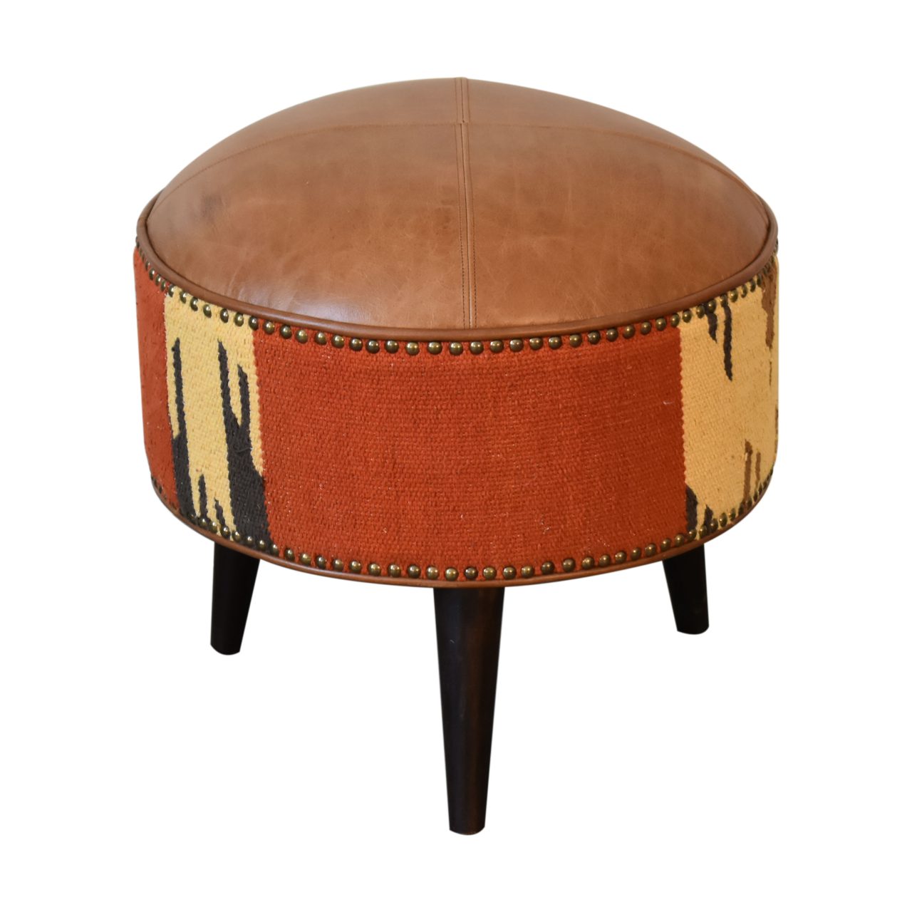 Solid Mango Wood California Walnut Durrie and Leather Mixed Footstool - Image 3