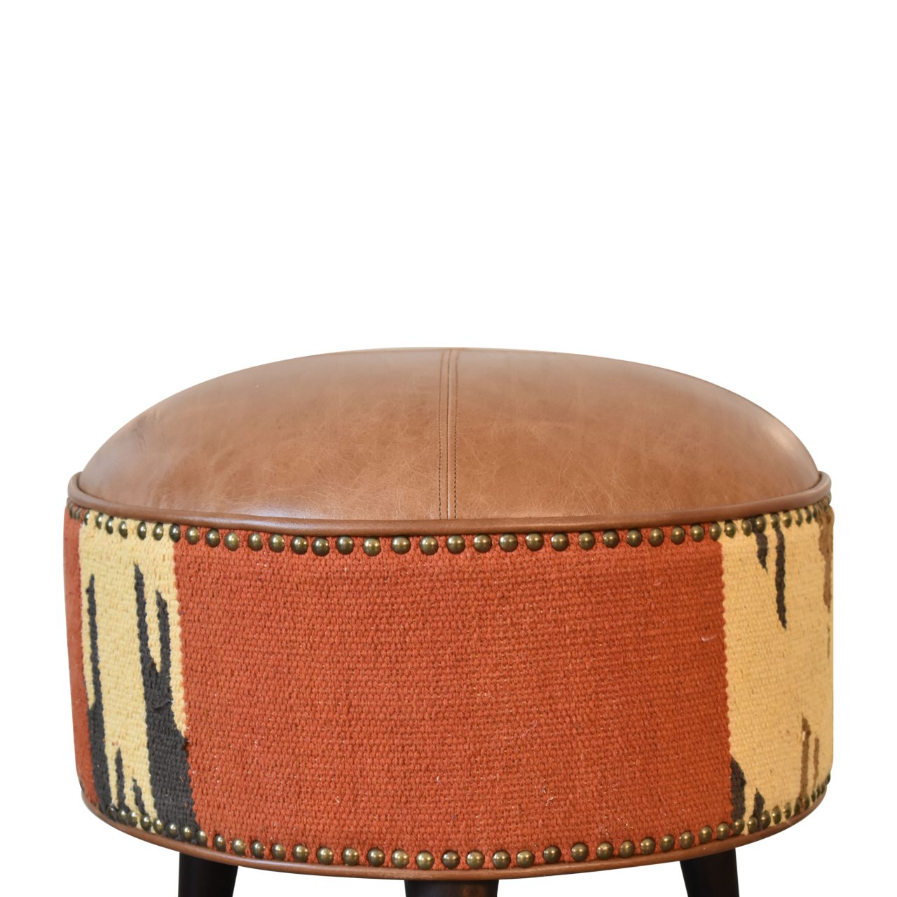 Solid Mango Wood California Walnut Durrie and Leather Mixed Footstool - Image 4