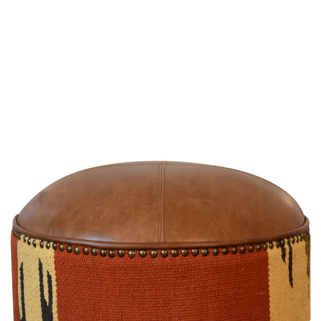 Solid Mango Wood California Walnut Durrie and Leather Mixed Footstool - Image 5