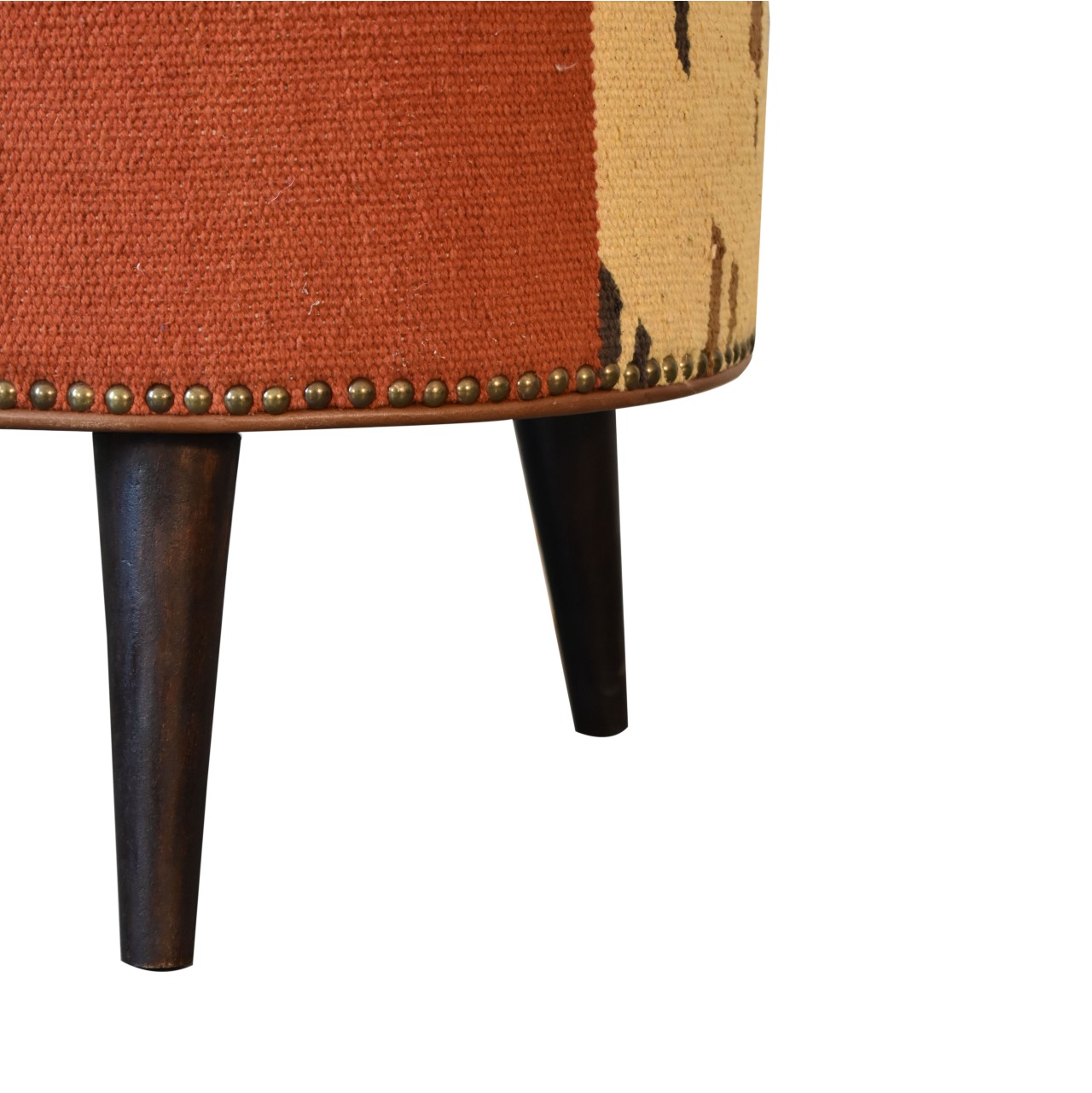 Solid Mango Wood California Walnut Durrie and Leather Mixed Footstool - Image 7
