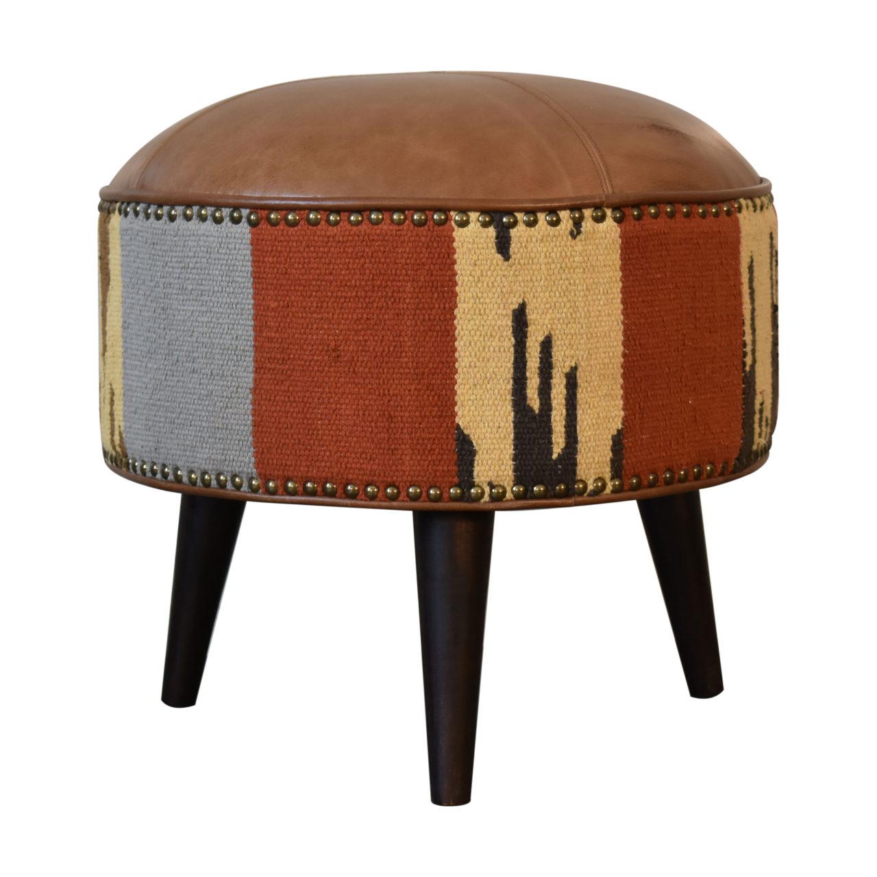 Solid Mango Wood California Walnut Durrie and Leather Mixed Footstool - Image 9