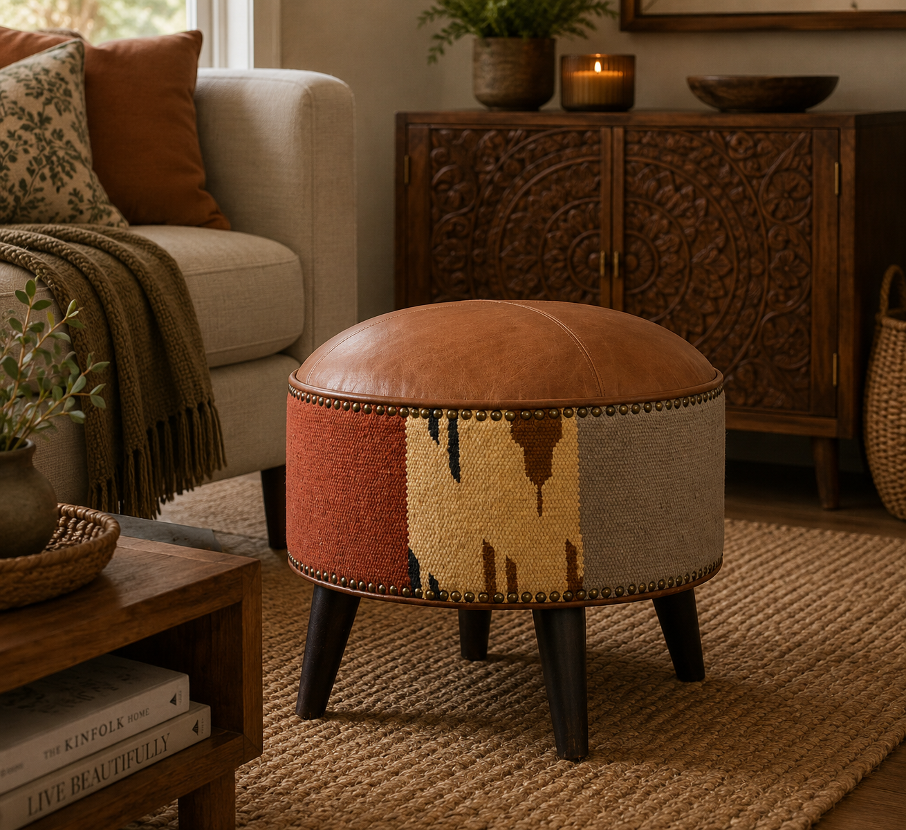 Solid Mango Wood California Walnut Durrie and Leather Mixed Footstool