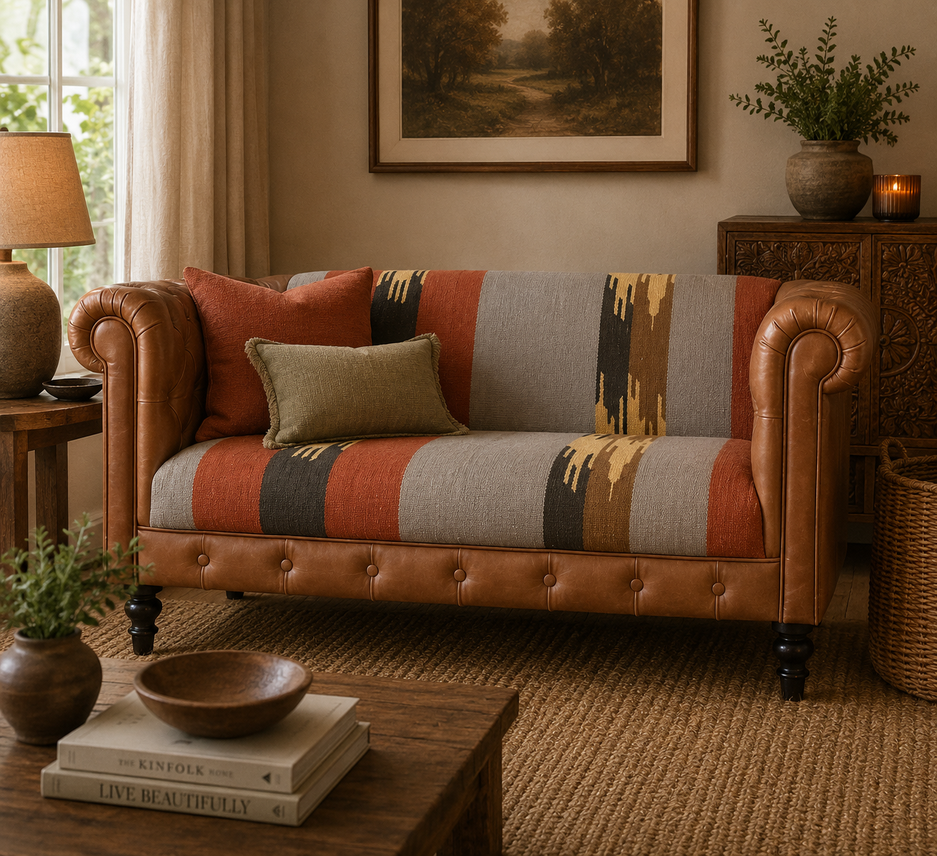 Solid Mango Wood Walnut Finished Durrie and Leather Sofa