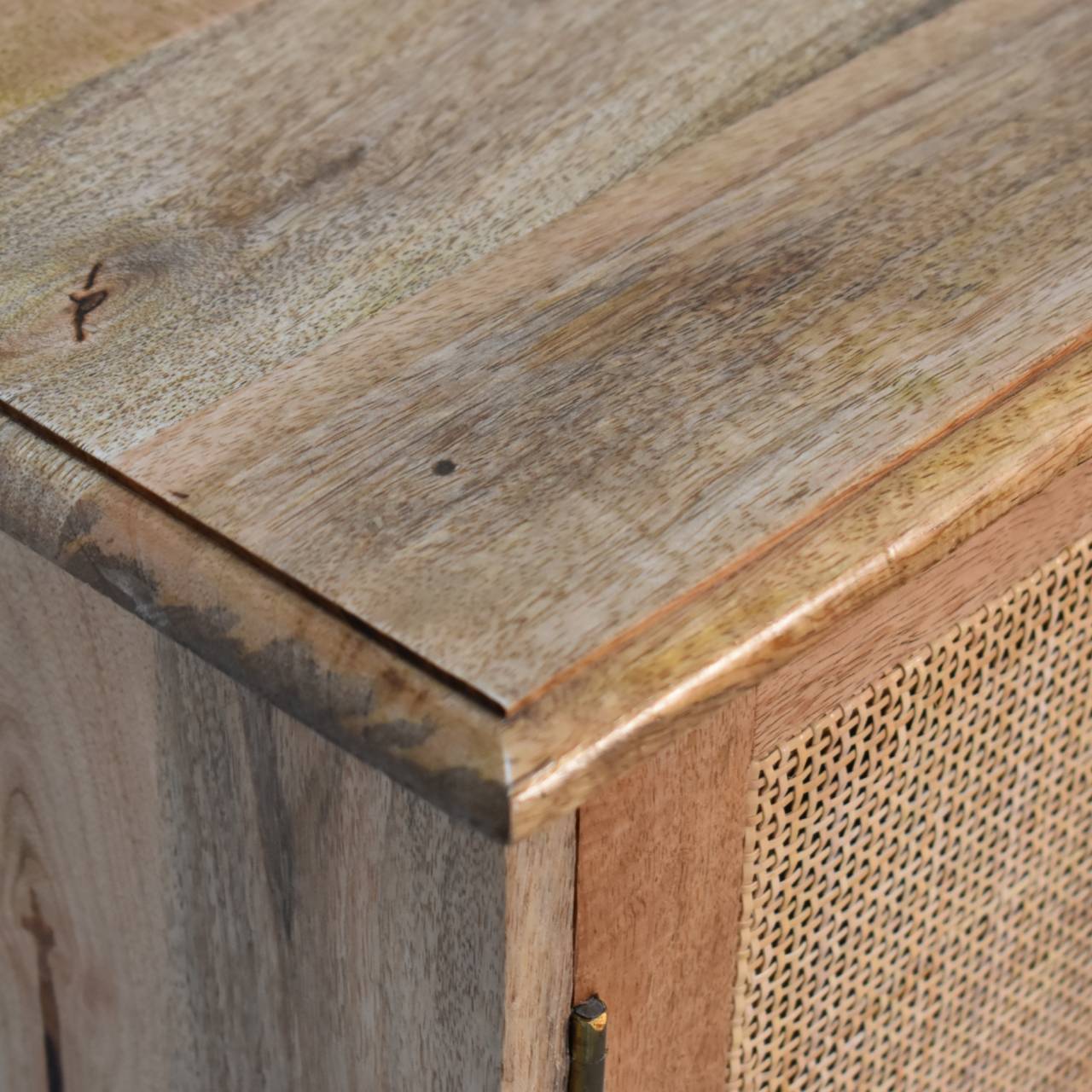 Solid Mango Wood Oak Finished 2 Woven Doors Lounge Cabinet - Image 5