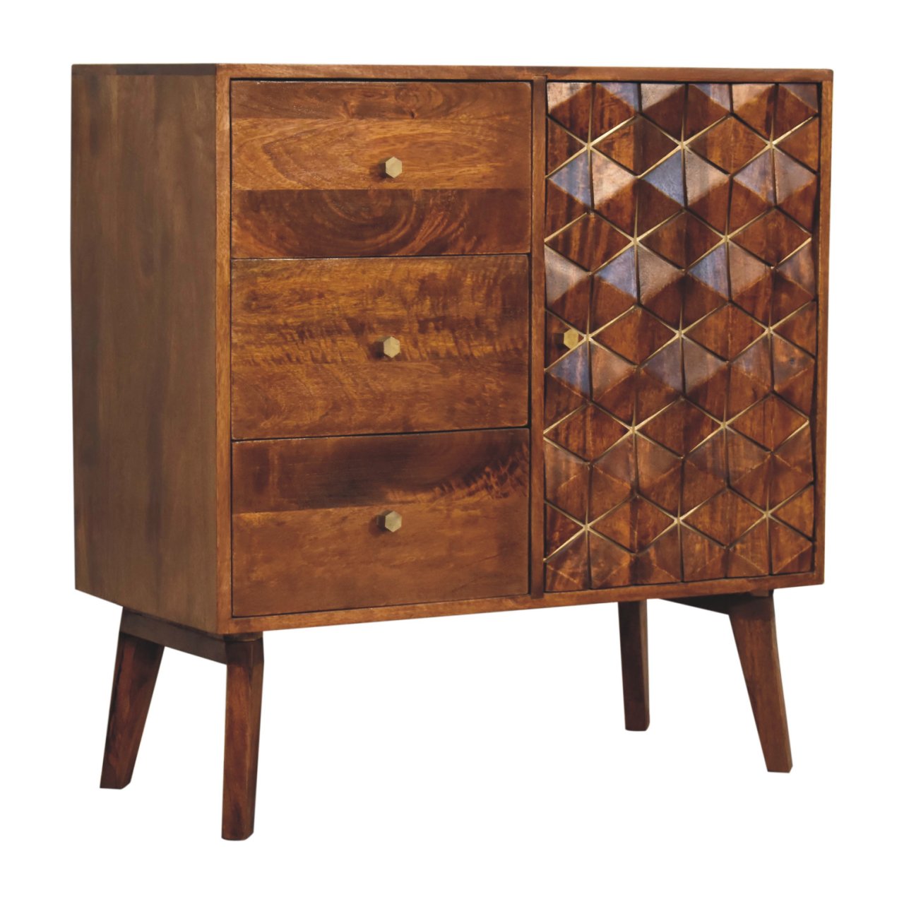 Solid Mango Wood Chestnut Finished 3 Drawer 1 Cupboard Cubed & Brass Inlay Cabinet - Image 2