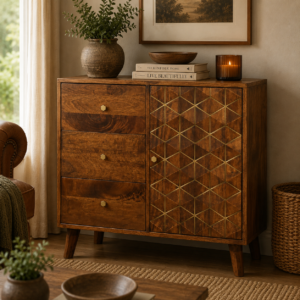 Solid Mango Wood Chestnut Finished 3 Drawer 1 Cupboard Cubed & Brass Inlay  Cabinet