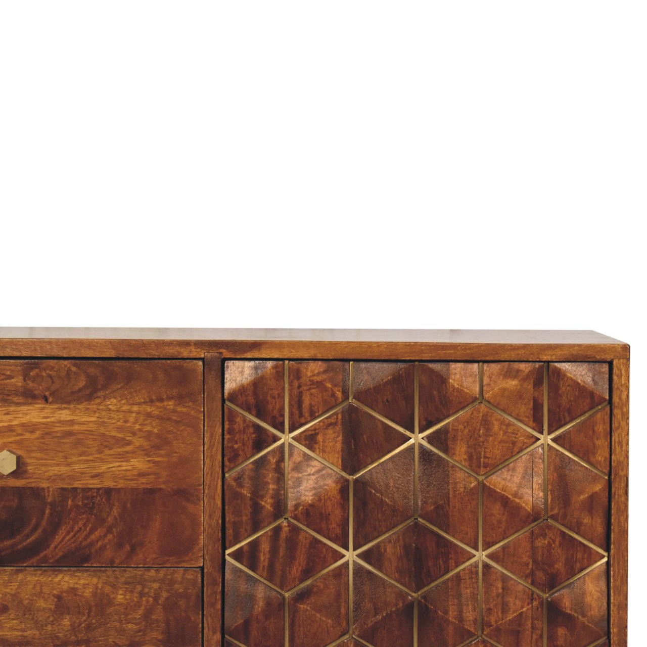 Solid Mango Wood Chestnut Finished 3 Drawer 1 Cupboard Cubed & Brass Inlay Cabinet - Image 3