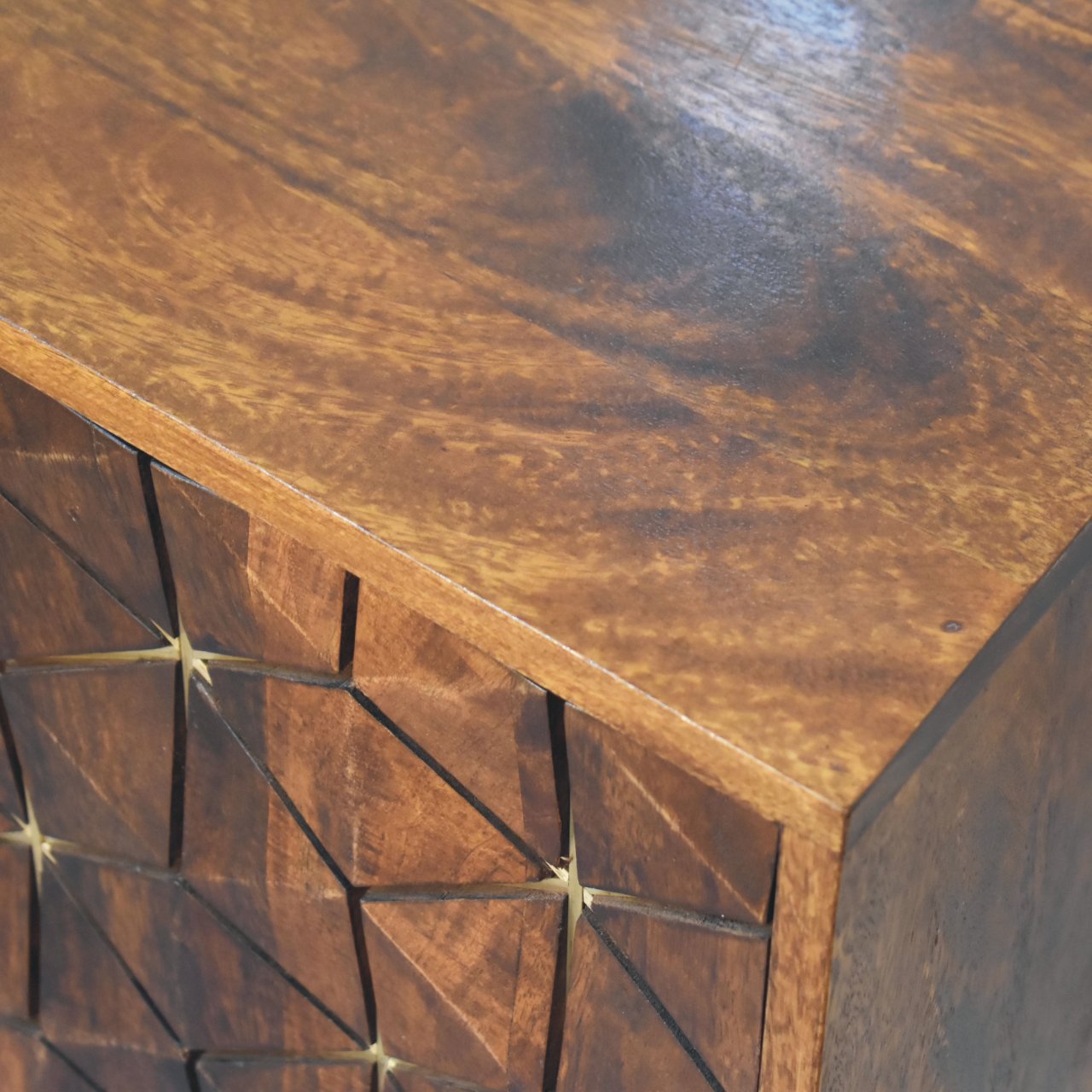Solid Mango Wood Chestnut Finished 3 Drawer 1 Cupboard Cubed & Brass Inlay Cabinet - Image 4