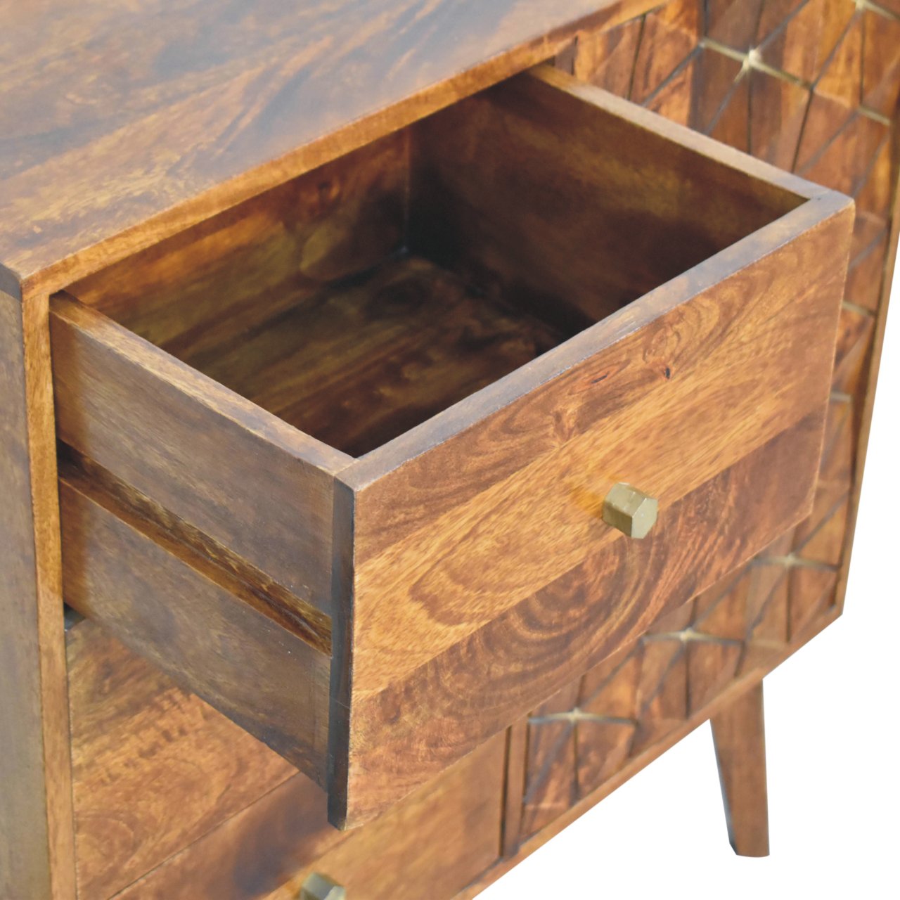 Solid Mango Wood Chestnut Finished 3 Drawer 1 Cupboard Cubed & Brass Inlay Cabinet - Image 5