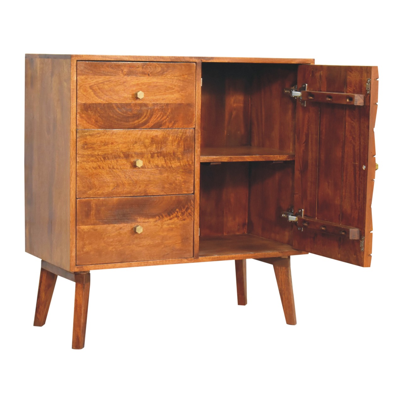 Solid Mango Wood Chestnut Finished 3 Drawer 1 Cupboard Cubed & Brass Inlay Cabinet - Image 6