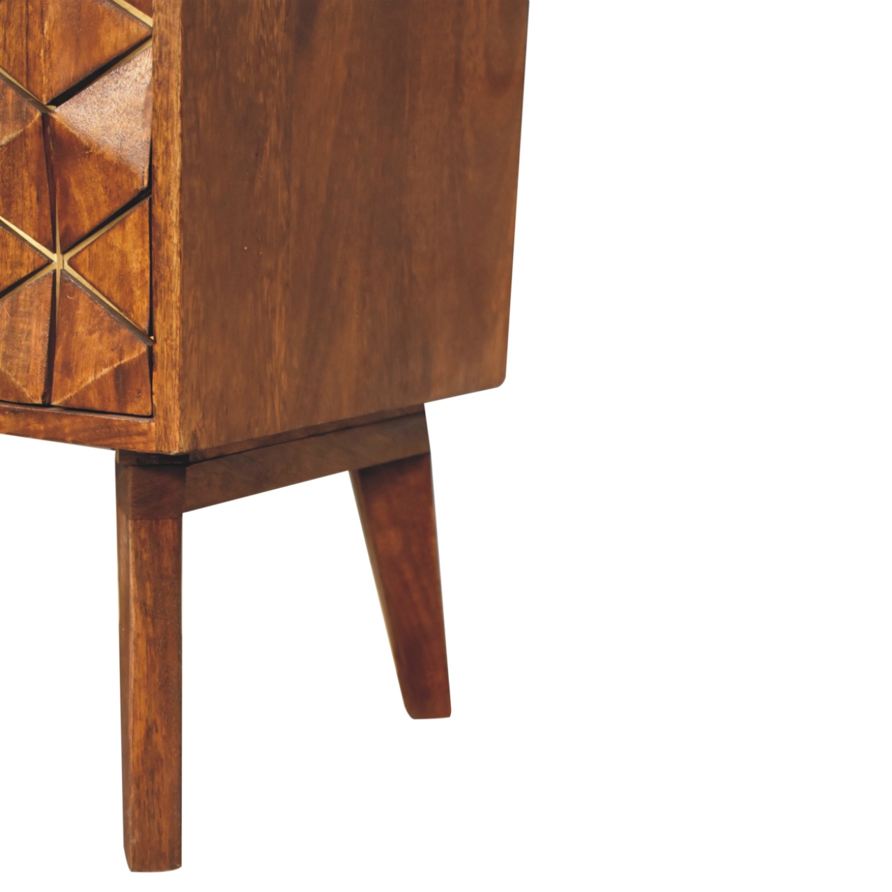 Solid Mango Wood Chestnut Finished 3 Drawer 1 Cupboard Cubed & Brass Inlay Cabinet - Image 7