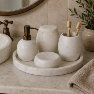 Solid Mango Wood Set of 5 White Marble Bathroom Set
