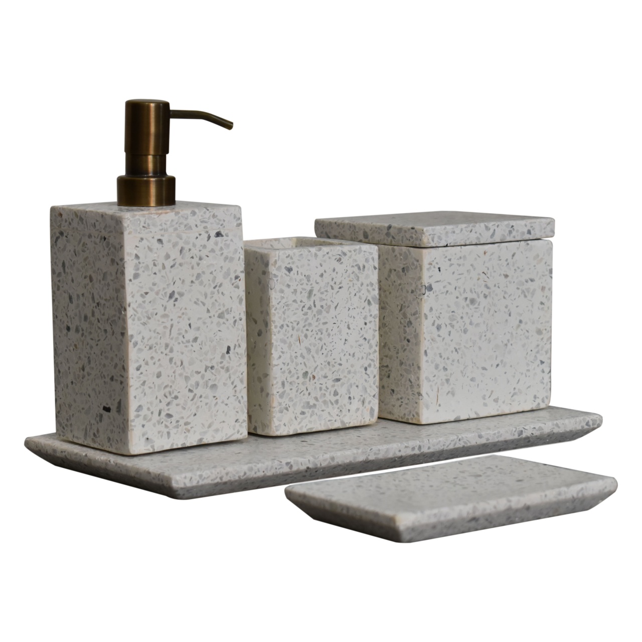 Solid Mango Wood White Marble Trazzo 5-piece Bathroom Set - Image 6