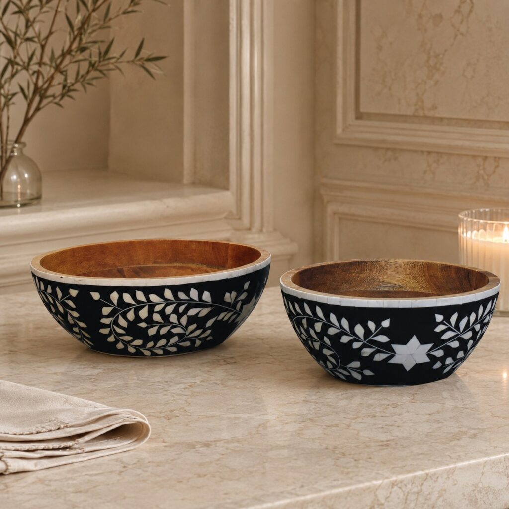 Solid Mango Wood Floral Resin Inlay Bowl Set