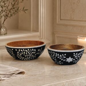 Solid Mango Wood Floral Resin Inlay Bowl Set