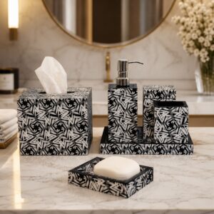 Solid Mango Wood Set of 6 Pieces Black & White Aztec Print Bathroom Set