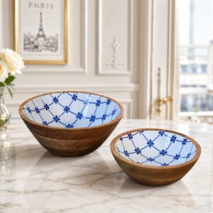 Solid Mango Wood Oak & Enamel Finished Set of 2 Blue and White Bowls