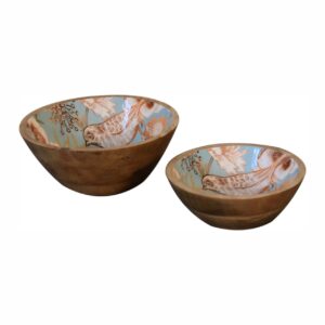 Solid Mango Wood Oak Finished Enamelled Set of 2 Floral Bird Bowls