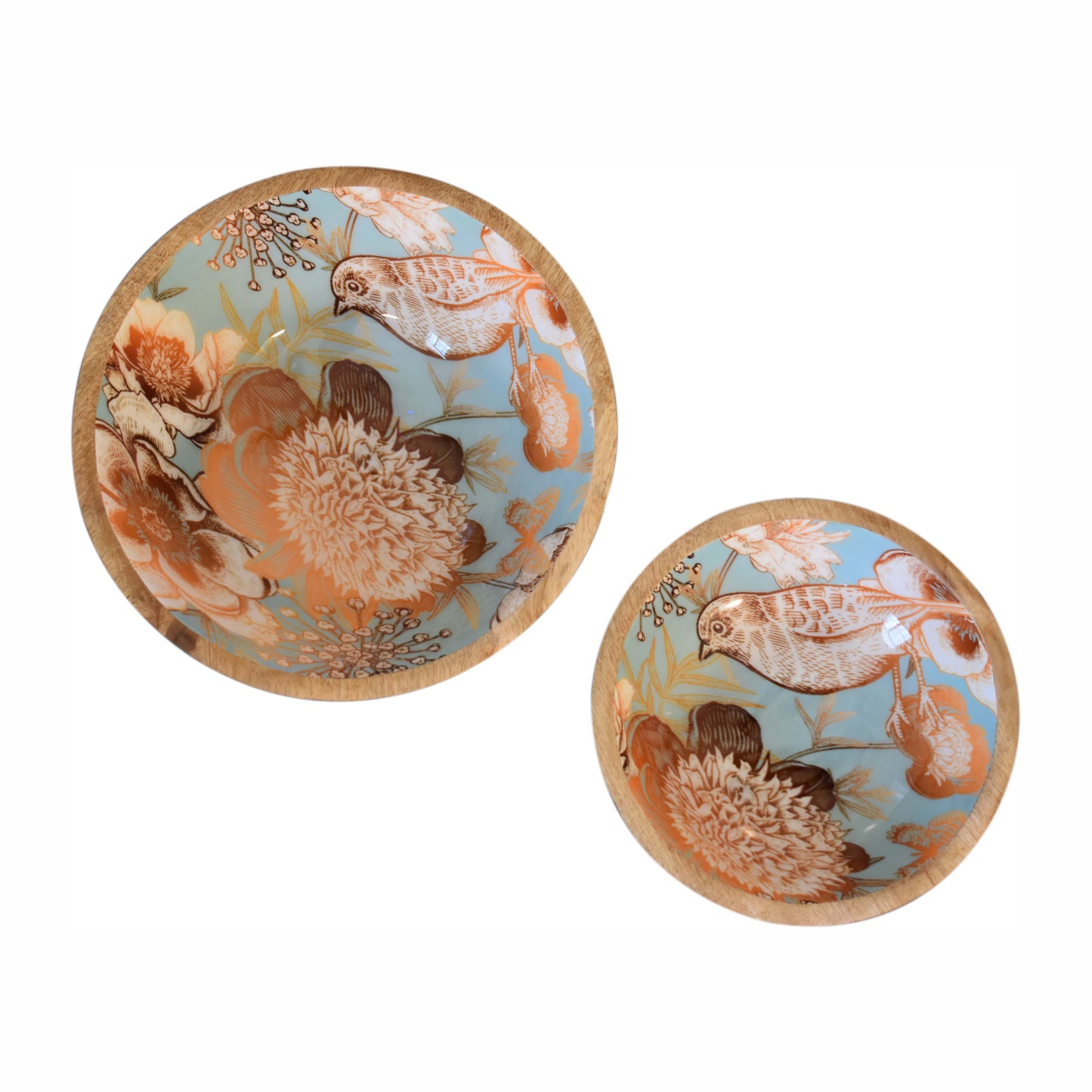 Solid Mango Wood Oak Finished Enamelled Set of 2 Floral Bird Bowls - Image 2