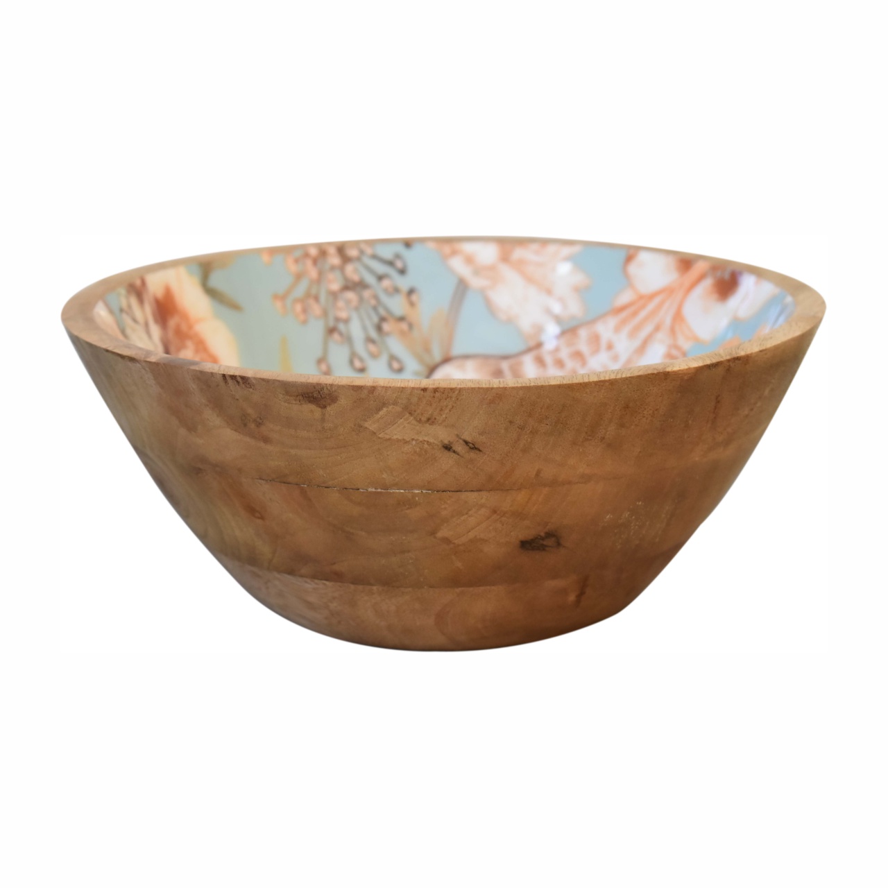 Solid Mango Wood Oak Finished Enamelled Set of 2 Floral Bird Bowls - Image 6