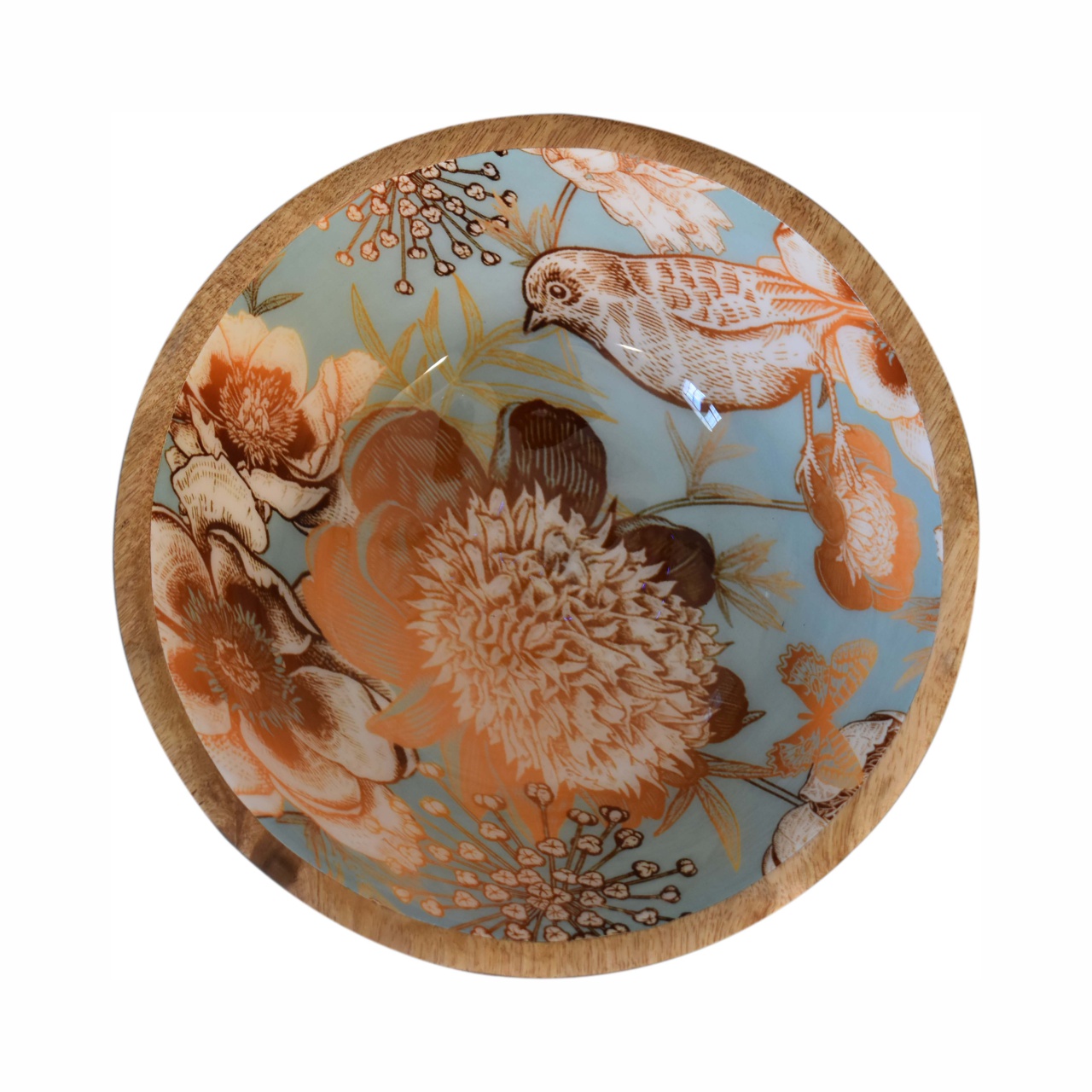 Solid Mango Wood Oak Finished Enamelled Set of 2 Floral Bird Bowls - Image 3