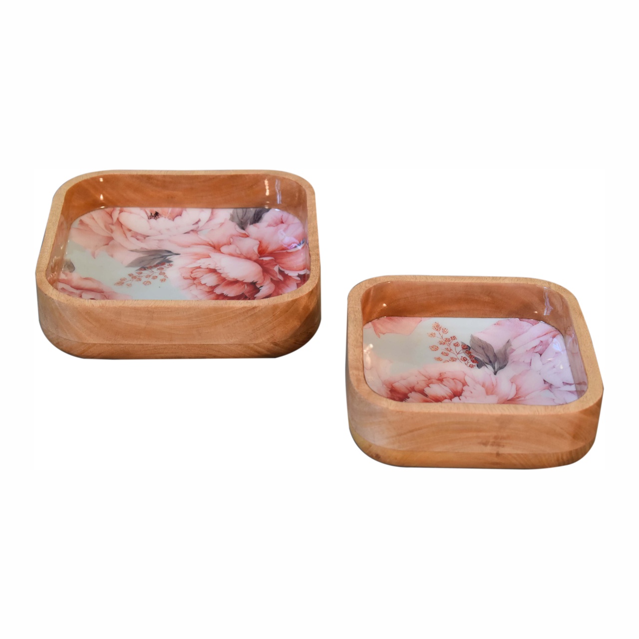 Solid Mango Wood Set of 2 Pink Floral Square Bowls - Image 2