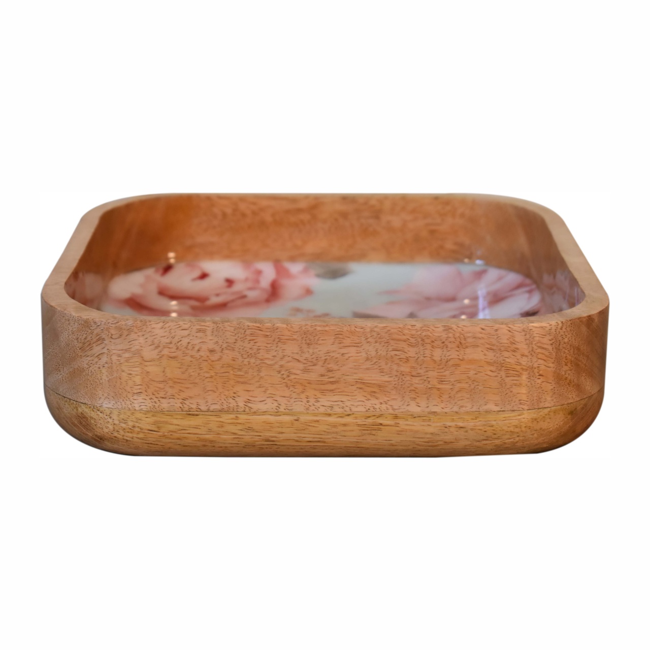Solid Mango Wood Set of 2 Pink Floral Square Bowls - Image 4