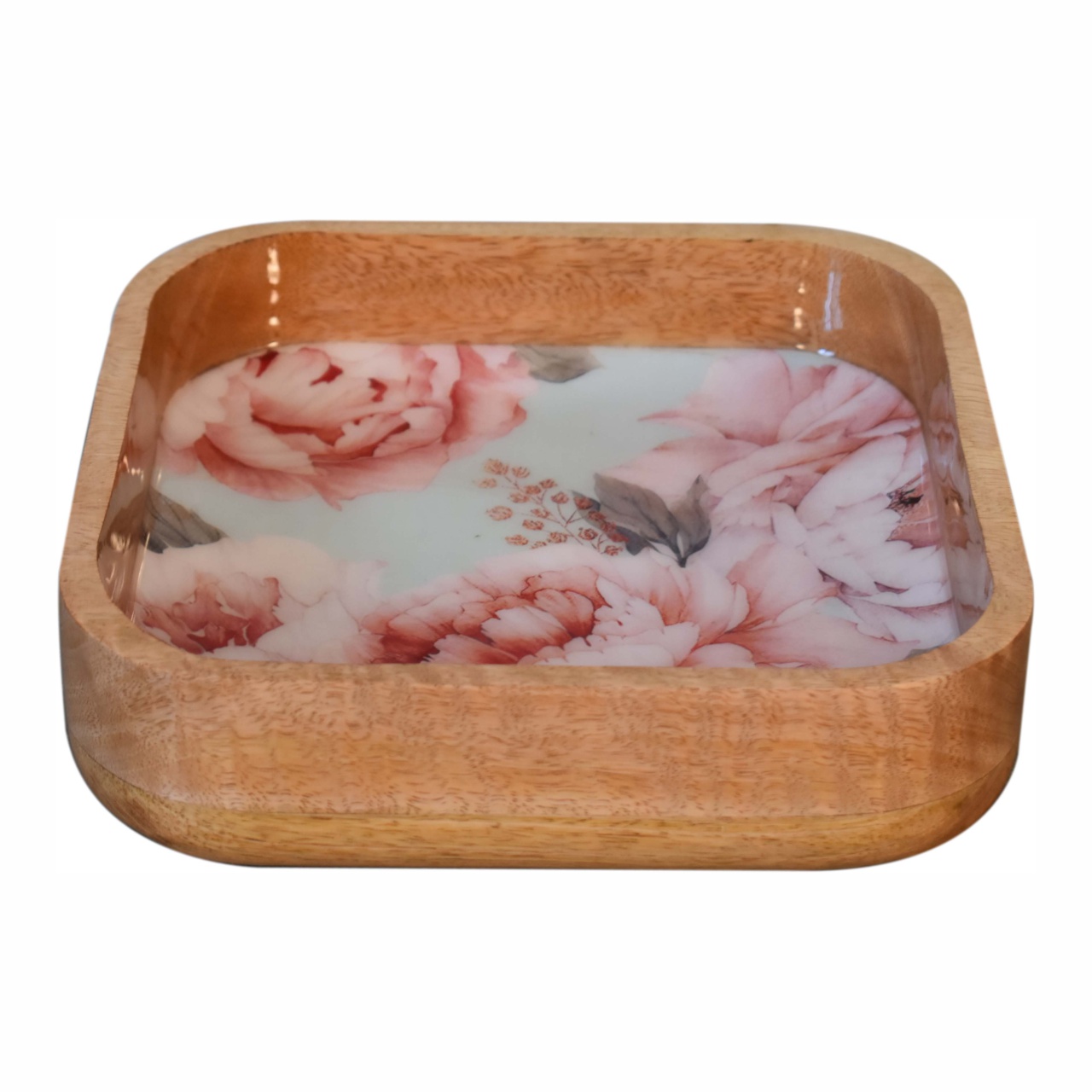 Solid Mango Wood Set of 2 Pink Floral Square Bowls - Image 5