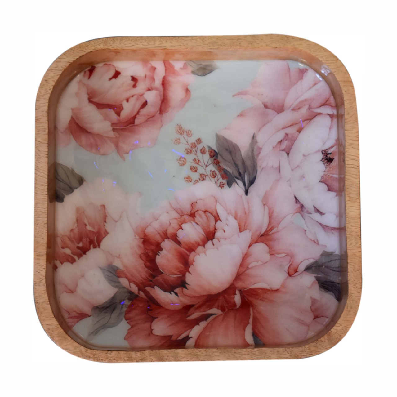 Solid Mango Wood Set of 2 Pink Floral Square Bowls - Image 6