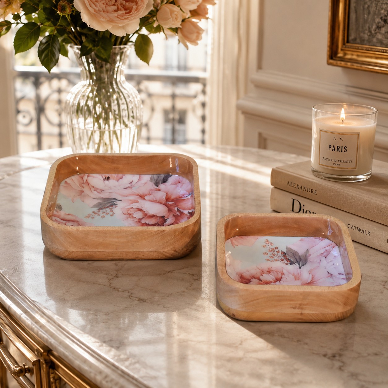 Solid Mango Wood Set of 2 Pink Floral Square Bowls
