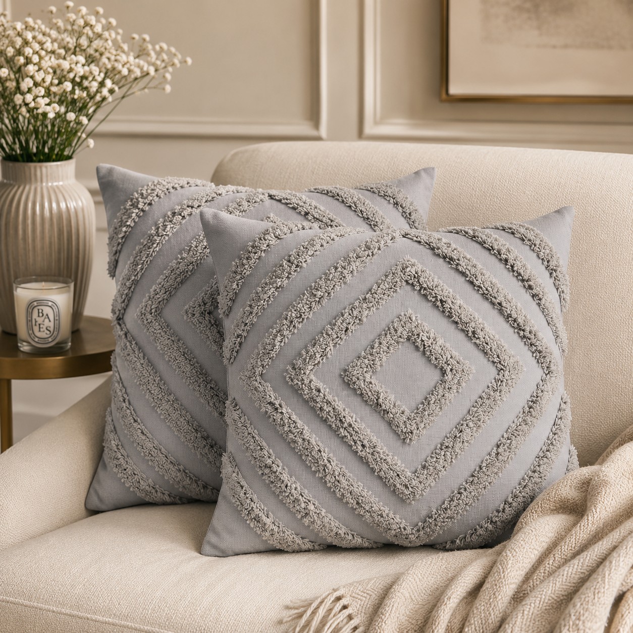 Solid Mango Wood Set of 2 Tacy Grey Cushions