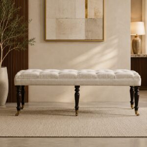 Solid Mango Wood California Walnut Finished White Deep Button Linen Bench