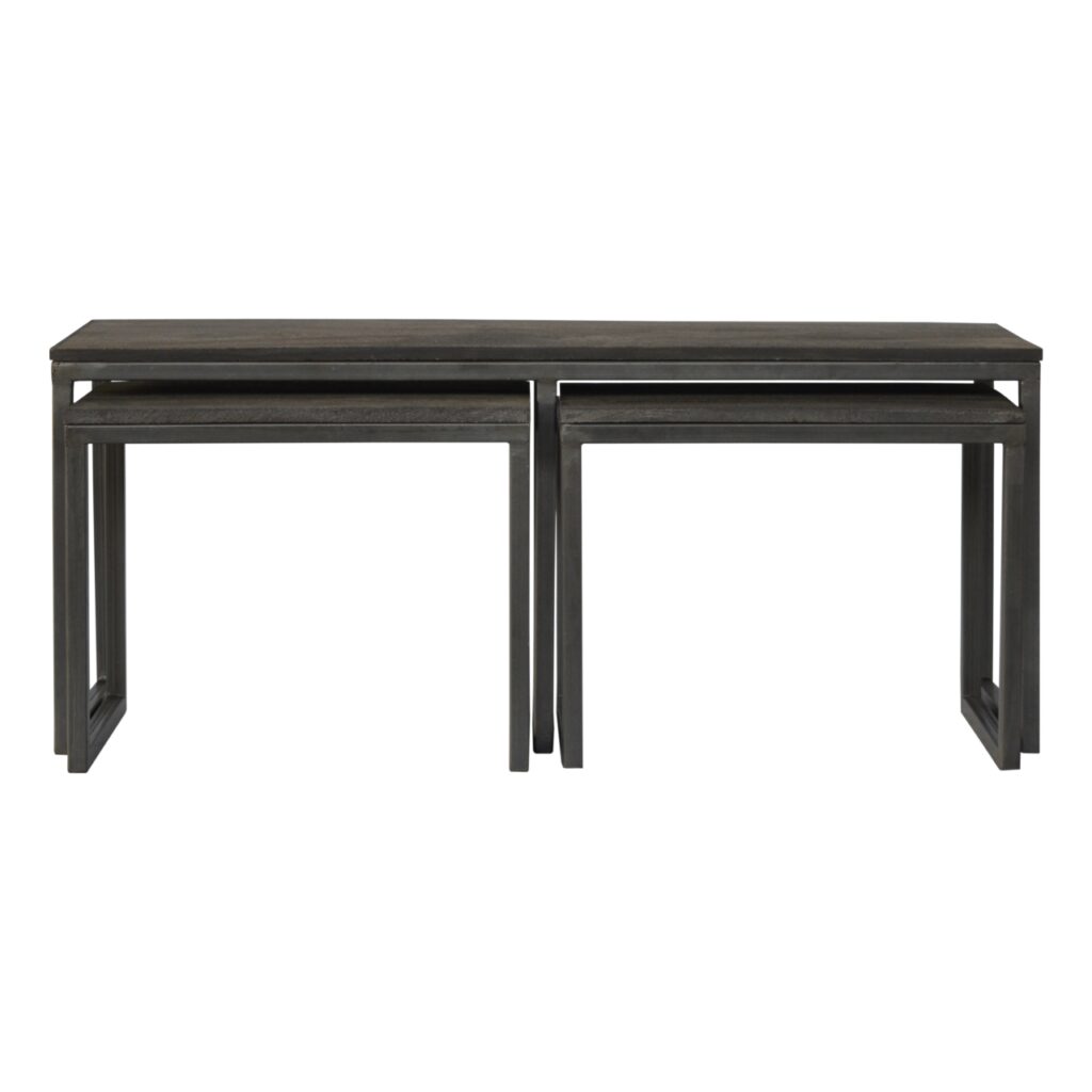 Solid Mango Wood Sandblasted Top & Pewter Finished Industrial Iron Base Set of 3 Coffee Tables