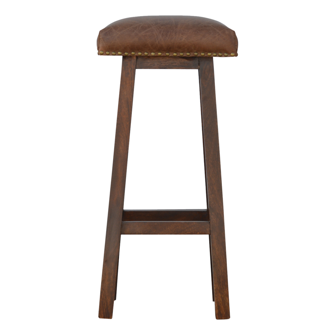 Solid Mango Wood Oak Finished Brass & Leather Upholstered Bar Stool